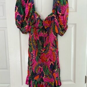 FARM Rio Pink Multi Tropical Print Puff-Sleeve Dress